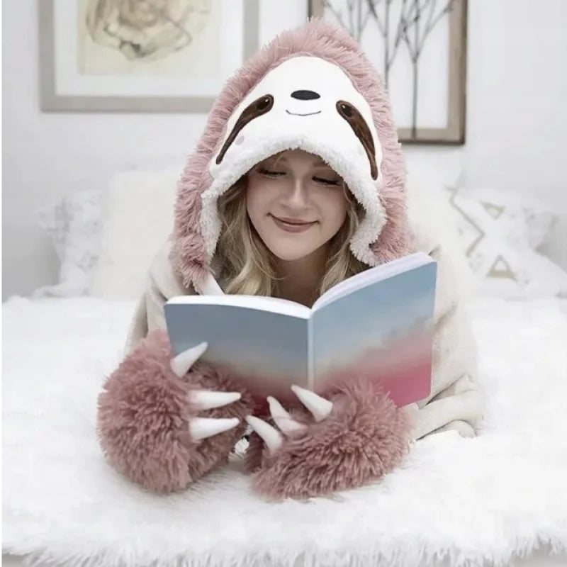 Large Sweatshirt Cute Pink Cute Sloth Wearable Hooded Blanket Sweater with MittensLamb's wool is soft and cozy